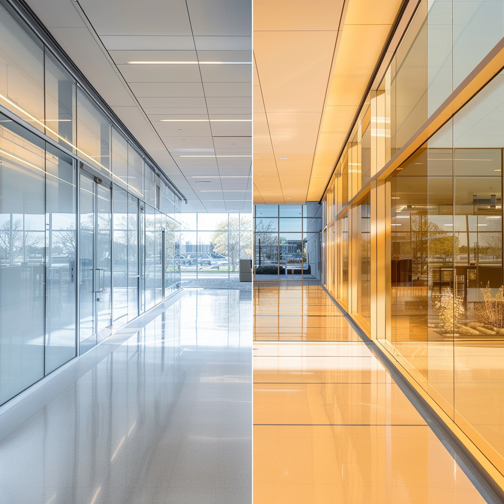 Commercial glass interior window tint comparison.