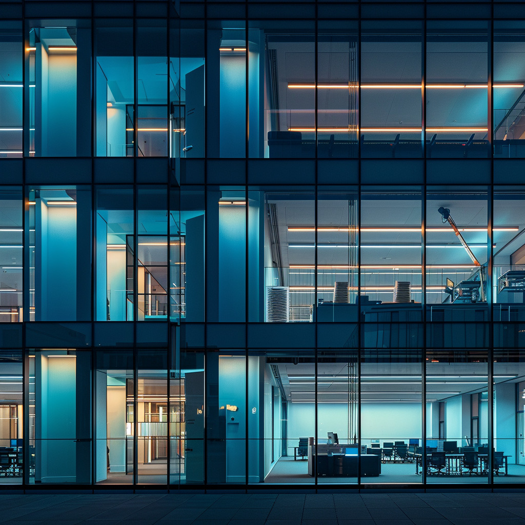 nighttime privacy window film one way(2) Office building with nighttime privacy window film.