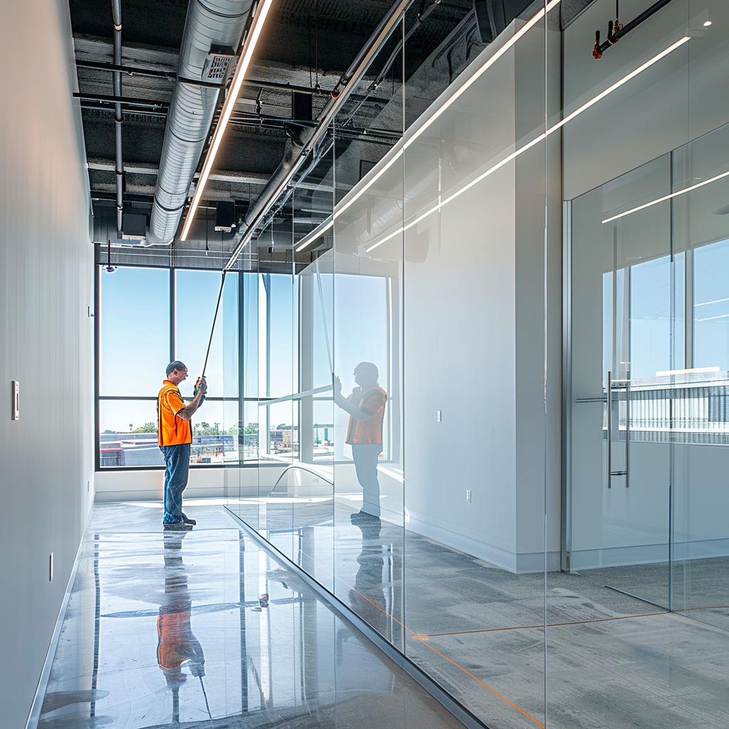 one way frosted window film(2) Worker installing window films.