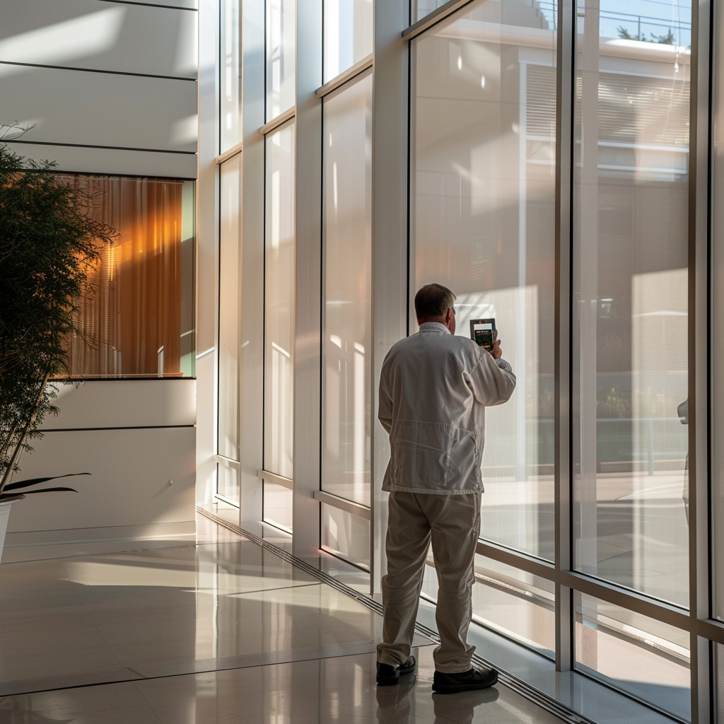 one way mirror privacy reflective window tint film(3) Man observing the quality of window film.