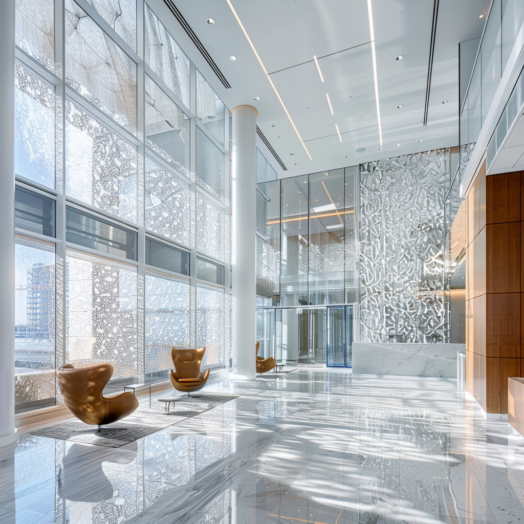 where to buy frosted window film(3) Frosted decorative window films inside office space.