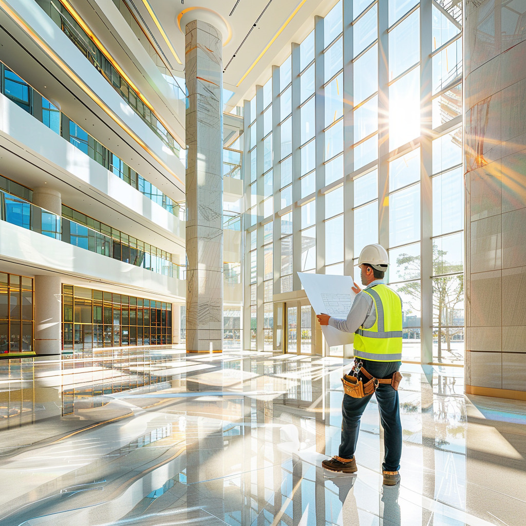 Sun glaring into office building with worker planning window tinting project