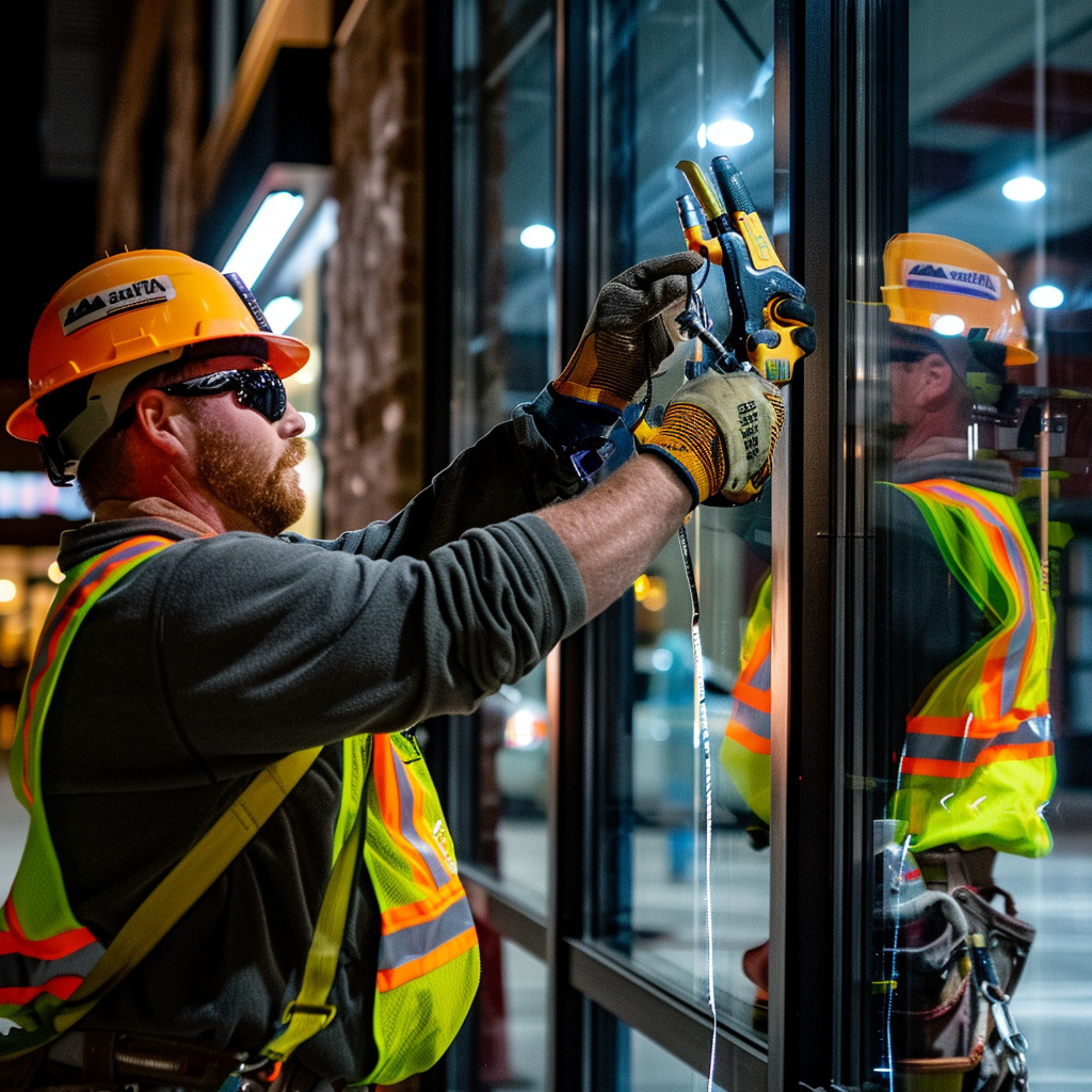 Man installing safety film for windows