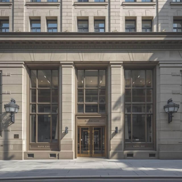 front of bank Medium Front view of a building with windows