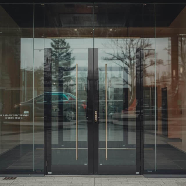 Glass doors with window film leading into a commercial building.