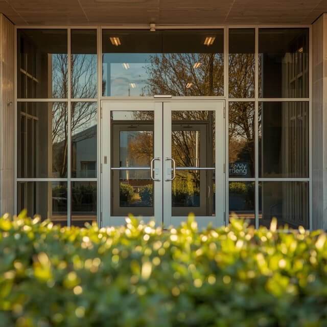 Glass doors leading into a college building