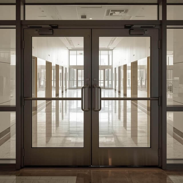 Glass doors leading into a college building