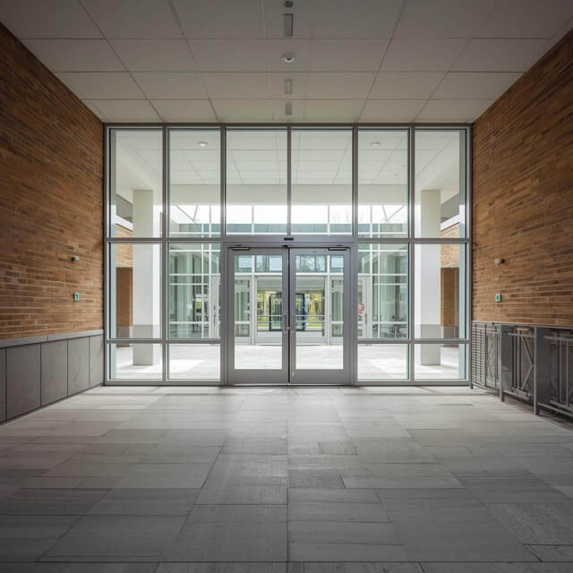Hospital with double sliding doors and glass windows