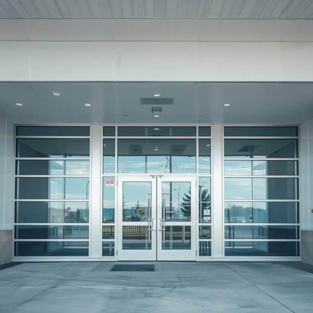 Hospital with double sliding doors and glass windows