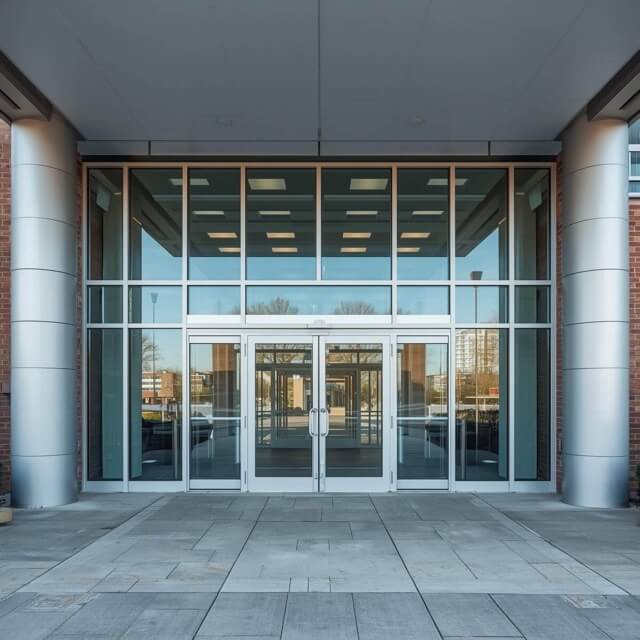 Hospital with double sliding doors and glass windows