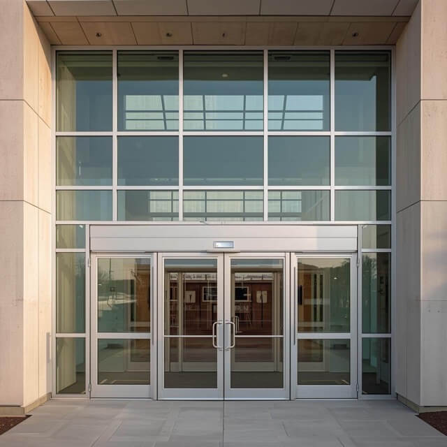 Hospital with double sliding doors and glass windows