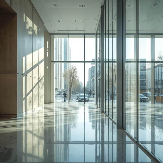 inside bank with glass windows (3) Medium Inside a building with glass windows on the front