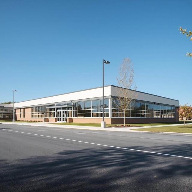 one level school with windows on front Medium School building with windows on the front