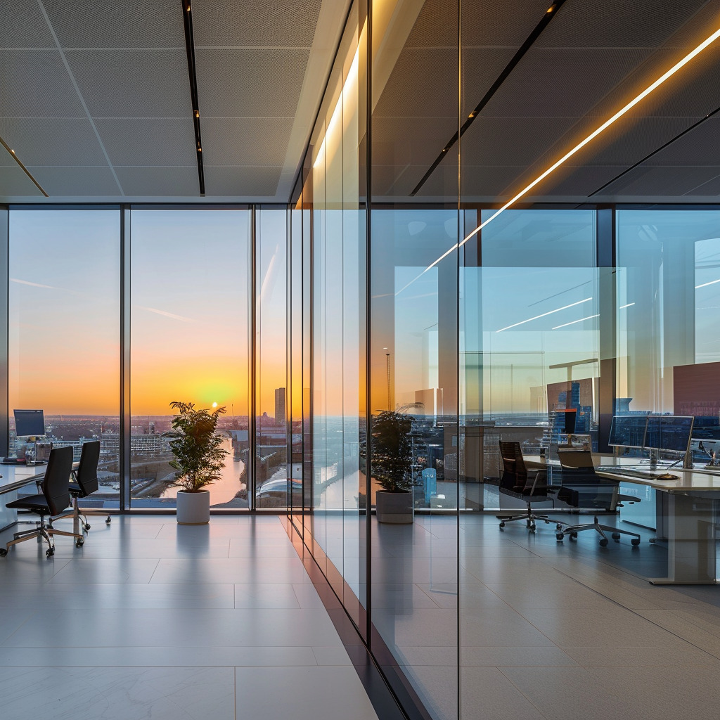 Office building at sunset with reflective windows