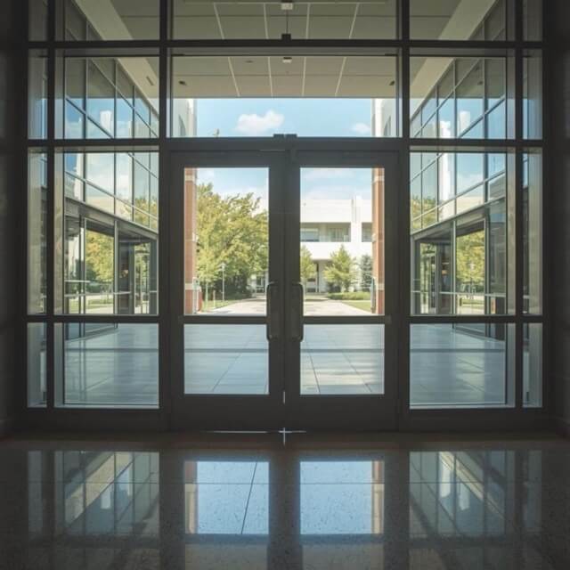 Sliding glass doors with 3M ceramic film on a building