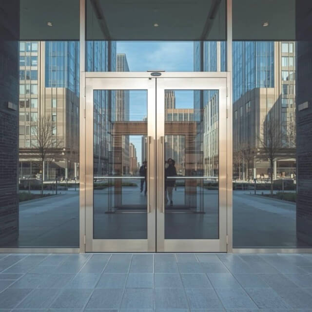 Sliding glass doors surrounded by windows