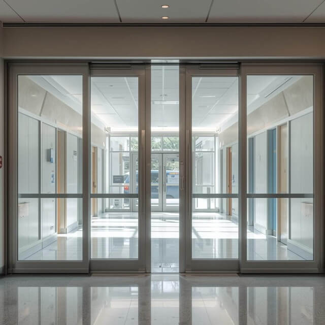 Sliding glass doors going into a hospital or wellness center