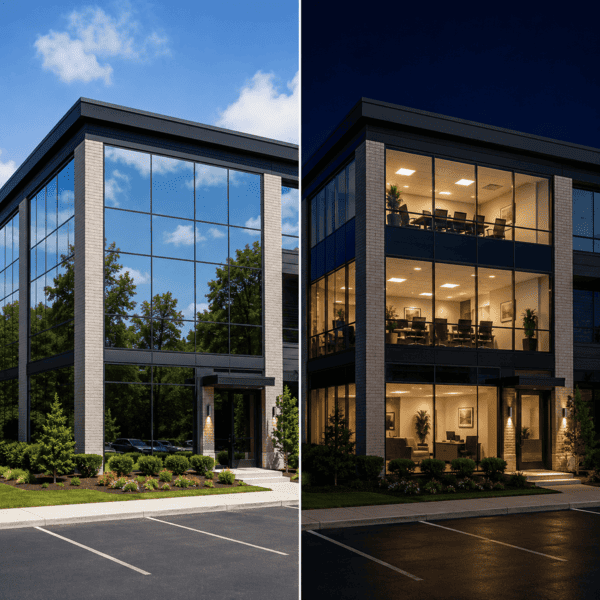 An office building with mirror film during the day and at night