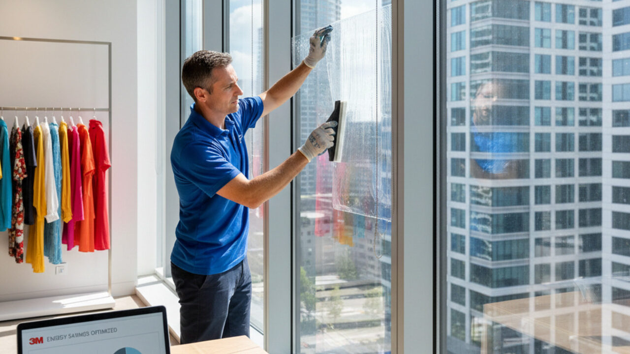 A professional window film installer applying clear security film to a large floor-to-ceiling glass window