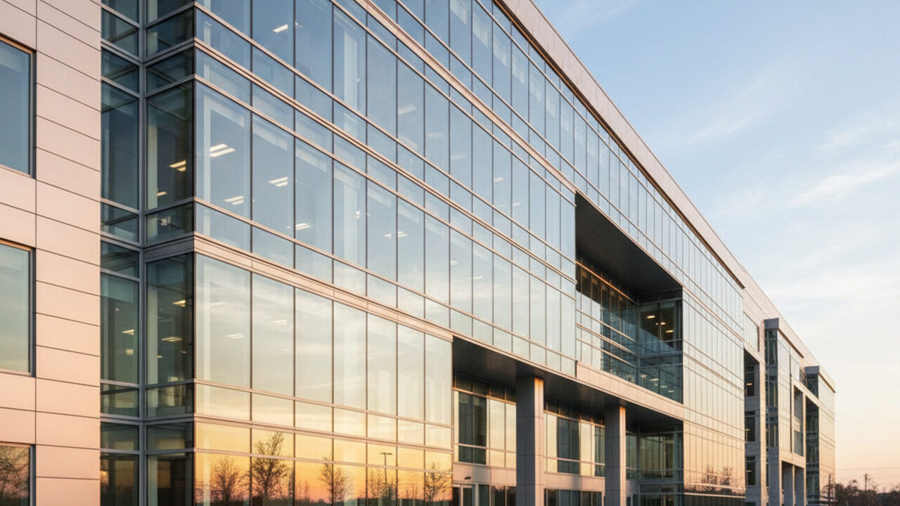 Modern commercial office building with glass curtain wall facade.