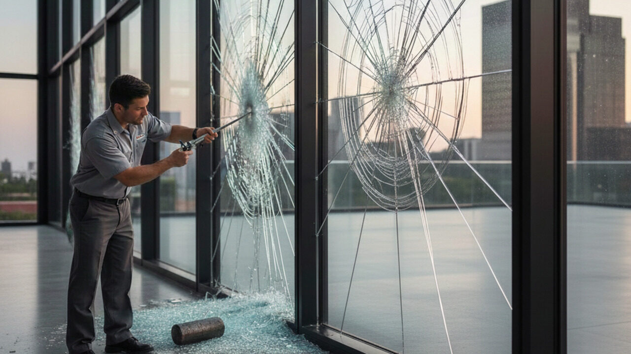 A technician uses a specialized tool to demonstrate the strength of a shattered glass pane held together by security film for windows on a commercial balcony.