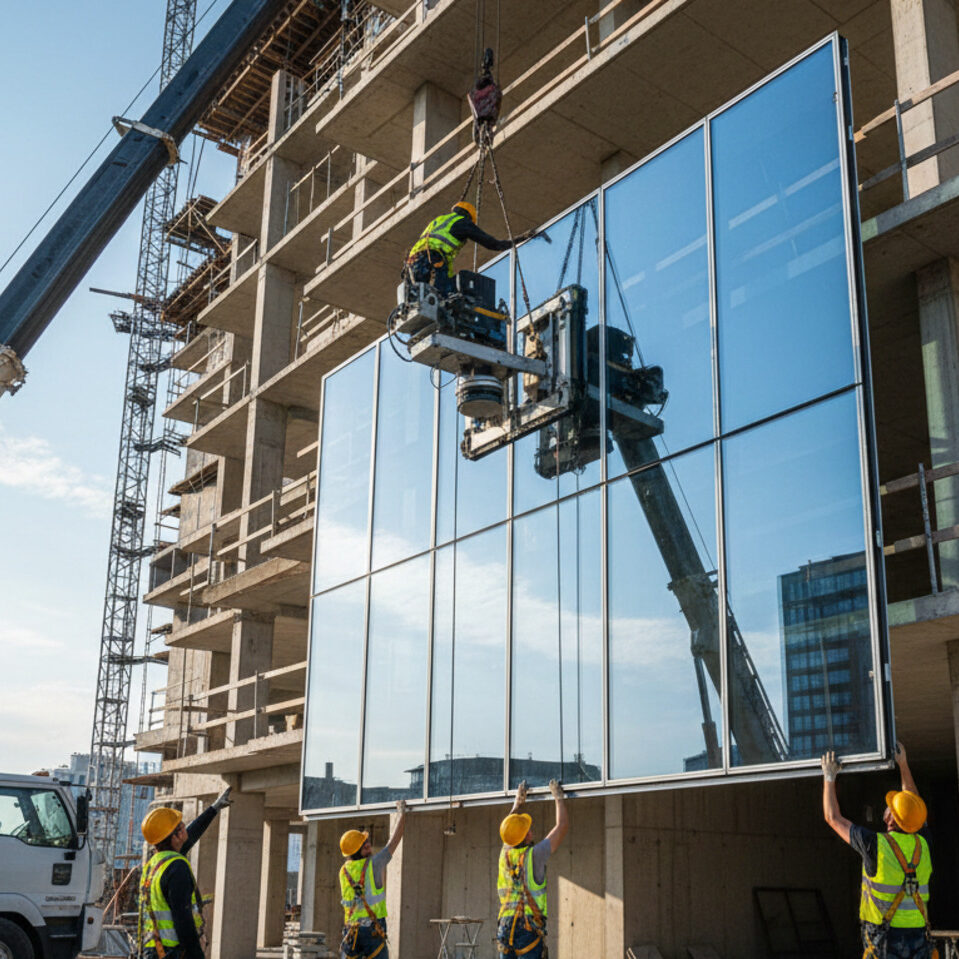 Construction workers installing a tempered glass window panel onto a high-rise building.
