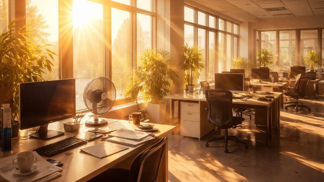 A hot office in need of a commercial window tinting service