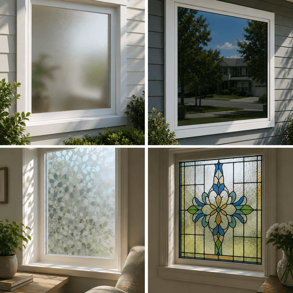 Types of privacy window films: frosted, one-way, decorative, and stained glass