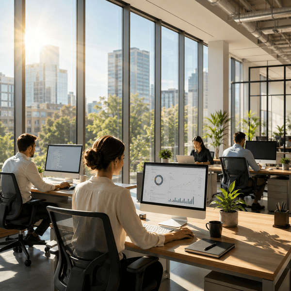 A large office space with floor to ceiling windows. The sun streams in, but there is no glare on the computer screens due to the anti glare window film.