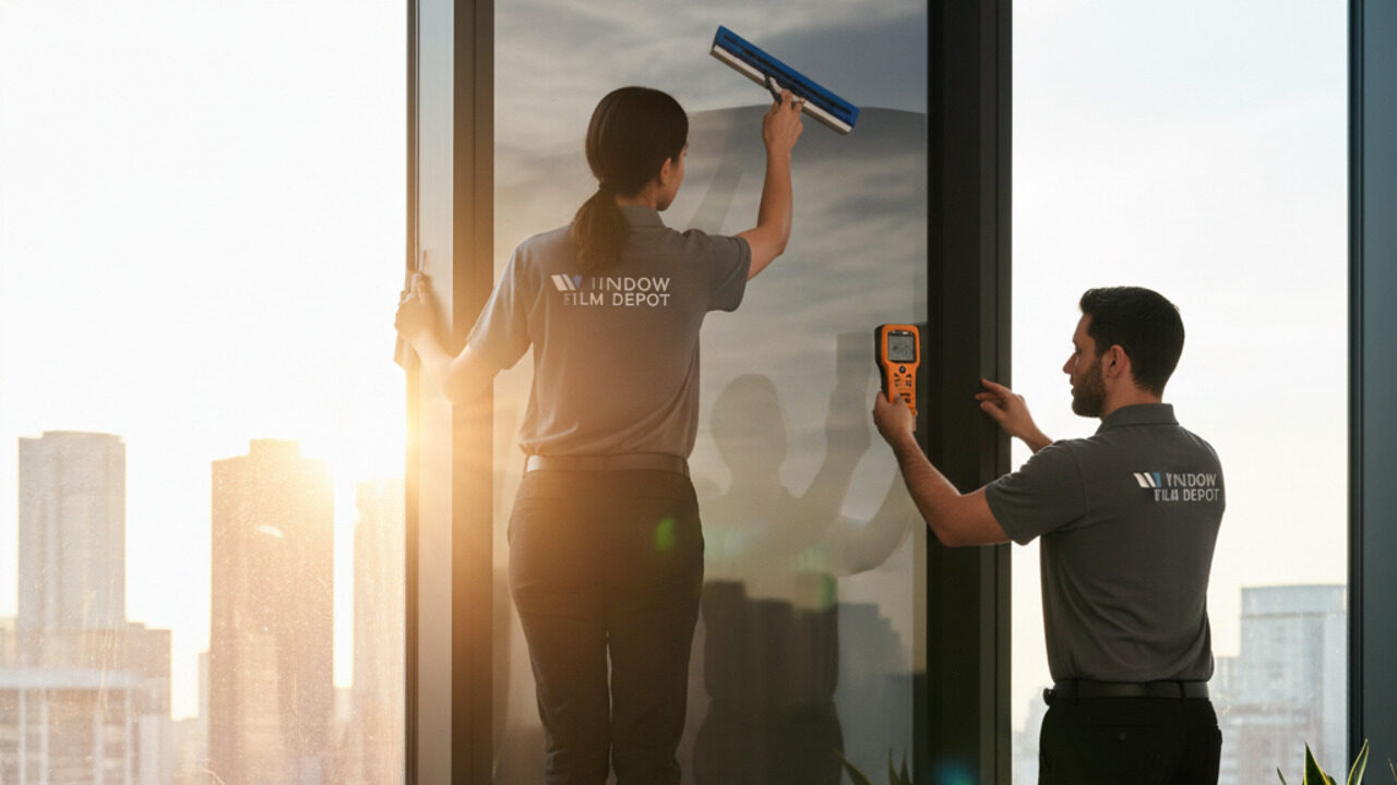 A technician applying dark window film while another uses a handheld device to measure the film’s performance against a bright sunset city skyline.