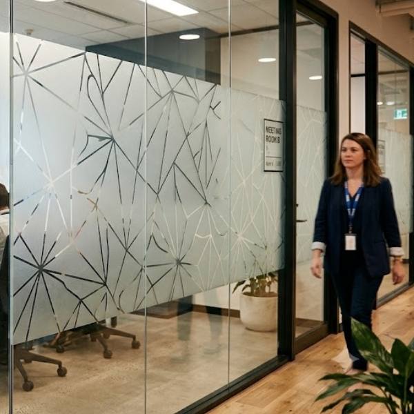 A decorative frosted privacy window film in a commercial setting.