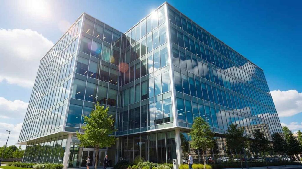The image depicts a modern glass office building exterior, reflecting bright sunlight on a clear summer day. The building features large windows that enhance its attractive look while blocking harmful UV rays and infrared light, providing energy savings and comfort to the interior spaces.