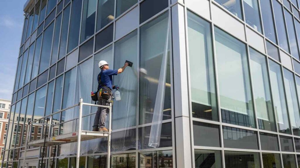 A professional installer is applying 3M Prestige Series window film to a large glass panel on the exterior of a modern commercial building, enhancing its aesthetics while significantly blocking harmful UV rays and infrared light. This installation provides energy savings, improved comfort, and helps maintain the durability of the building's interior furnishings.