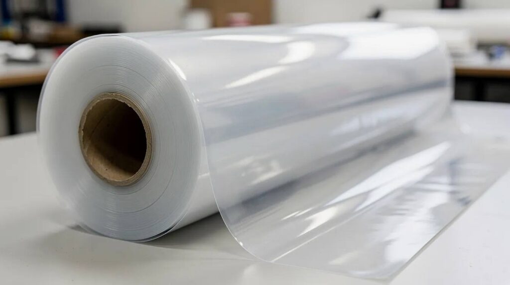 A close-up view of a large roll of transparent window film rests on a commercial work table, showcasing its clear surface designed to significantly block harmful UV rays and infrared light while allowing high transmission of visible light. This 3M Prestige series window film offers excellent aesthetics and energy savings, making it an attractive choice for enhancing comfort in buildings.