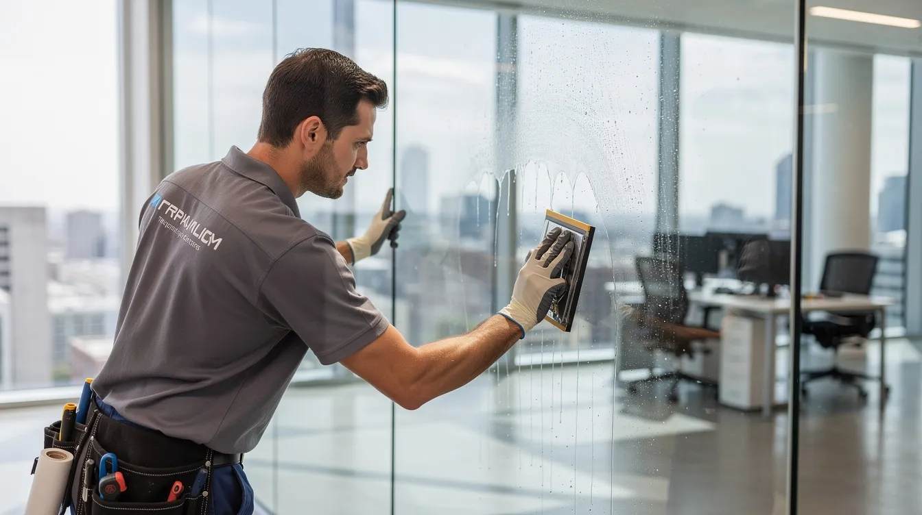 A technician wearing gloves applies professional 3M Prestige Series window film to a large commercial glass panel, enhancing the building's aesthetics while significantly blocking harmful UV rays and infrared light. This installation not only improves energy savings and comfort but also protects furnishings from fading and provides a clear view from the inside.