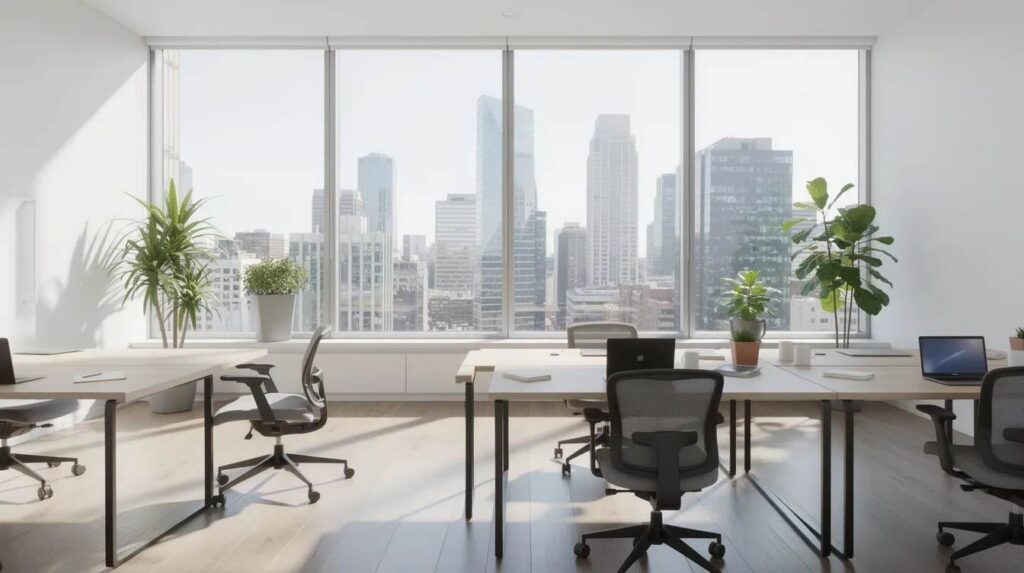 The image depicts a bright modern office interior featuring large floor-to-ceiling windows that allow ample natural daylight and offer a stunning view of the city skyline. The use of 3M Prestige series window films enhances the comfort of the space by significantly blocking harmful UV rays and infrared light while maintaining a high transmission of visible light, resulting in excellent aesthetics and energy savings.