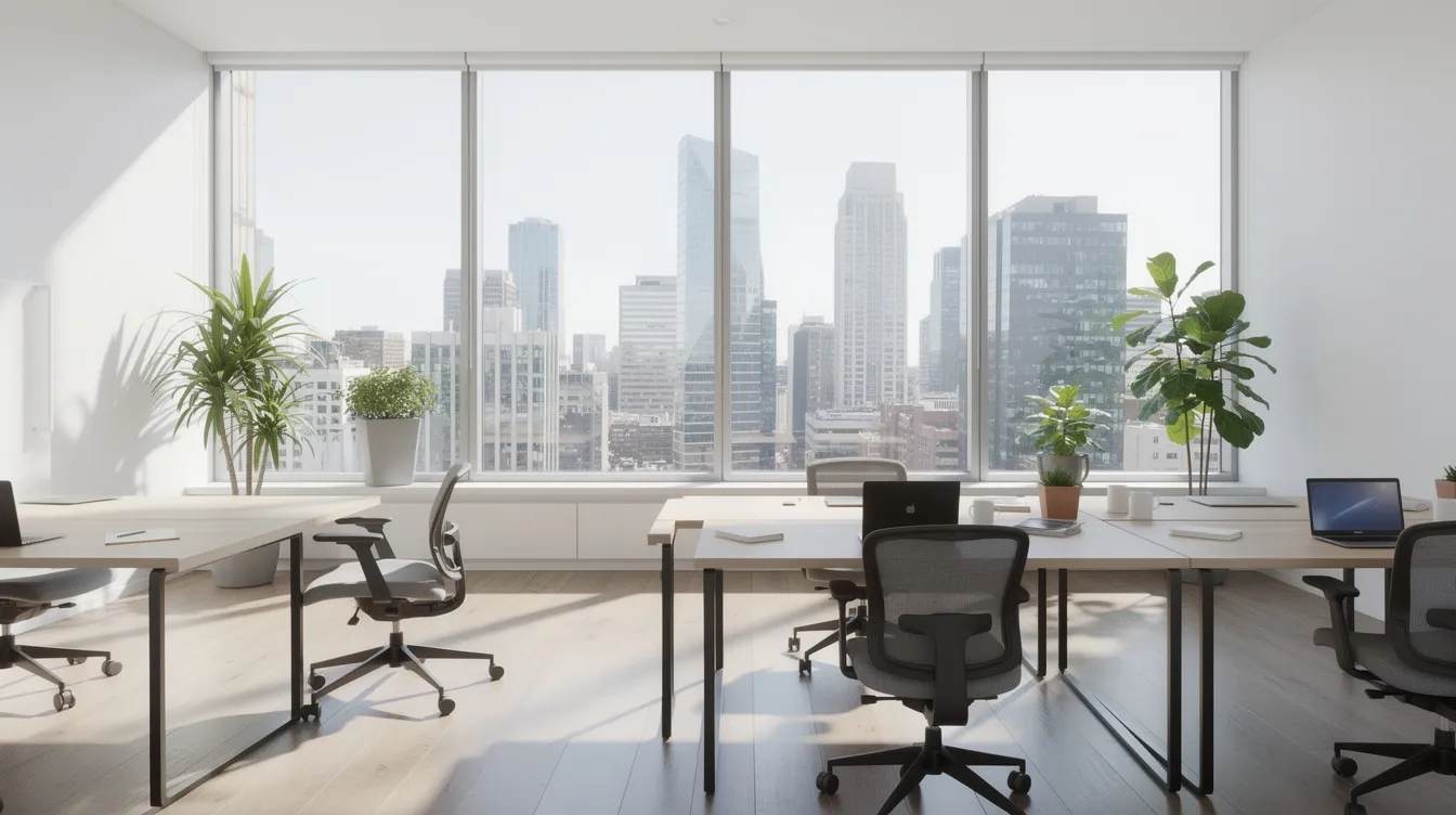The image depicts a bright modern office interior featuring large floor-to-ceiling windows that allow ample natural daylight and offer a stunning view of the city skyline. The use of 3M Prestige series window films enhances the comfort of the space by significantly blocking harmful UV rays and infrared light while maintaining a high transmission of visible light, resulting in excellent aesthetics and energy savings.