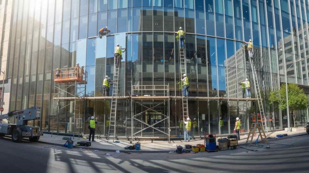 A team of installers is collaboratively working on a large commercial glass facade under bright sunlight, ensuring the application of 3M Prestige window film, which significantly blocks harmful UV rays and infrared light while providing excellent aesthetics and energy savings. The scene captures the professionalism and teamwork involved in installing this high-quality window film that enhances comfort and durability for the building's interior and exterior.