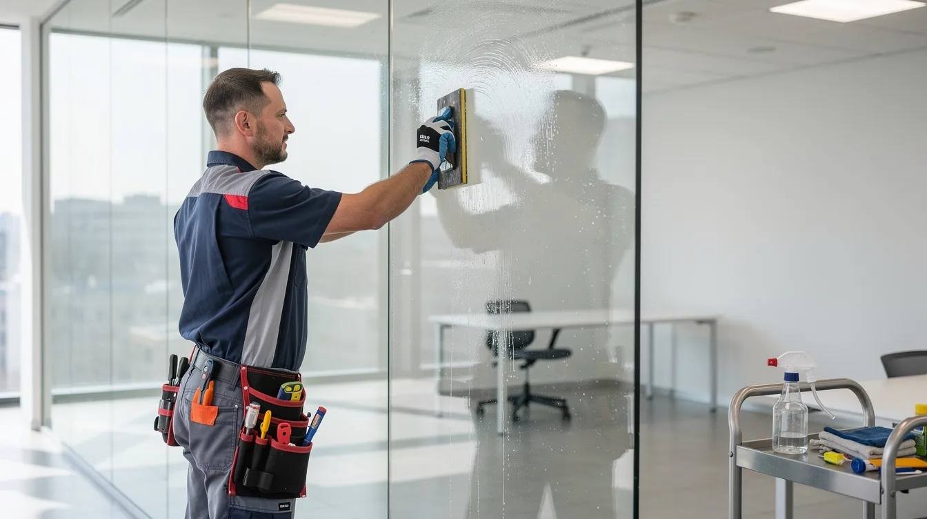 A professional technician is applying clear window film to a large interior glass panel in a modern office building, enhancing safety and security by providing a protective barrier against potential threats like flying glass shards and shattering during extreme conditions. This installation of blast resistant film helps protect occupants and property from injury and damage caused by explosions or other risks.