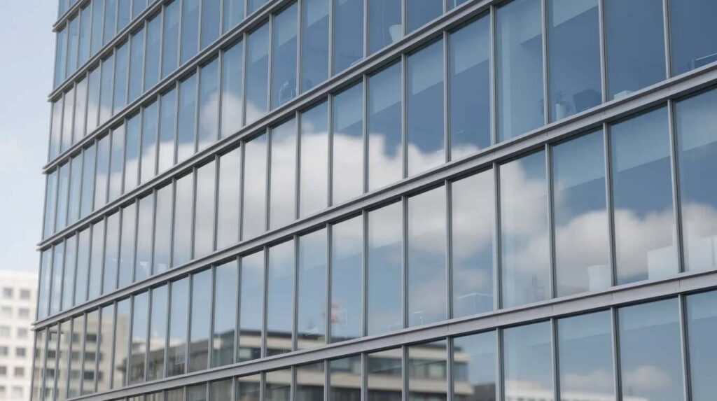 The image shows a close-up view of a large commercial office building facade featuring floor-to-ceiling glass panels covered with reflective window film. This film provides insulation against the sun's heat and glare, enhancing privacy while protecting the interior from extreme weather conditions.