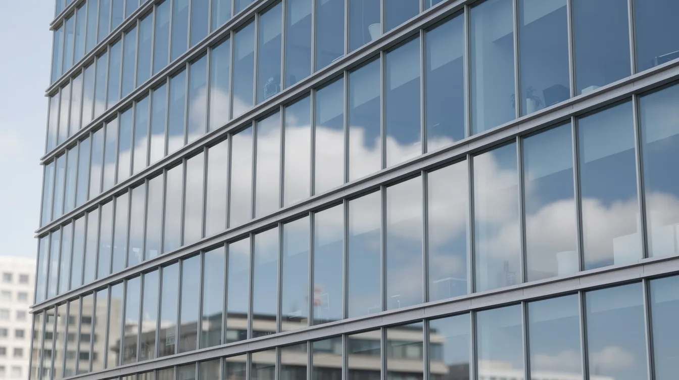 The image shows a close-up view of a large commercial office building facade featuring floor-to-ceiling glass panels covered with reflective window film. This film provides insulation against the sun's heat and glare, enhancing privacy while protecting the interior from extreme weather conditions.