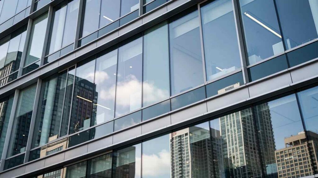 A close-up view of a modern commercial building showcases its reflective glass window panels, which beautifully mirror the clear city skyline. The image highlights the sleek design and offers a glimpse into the use of window film for added privacy and glare reduction.