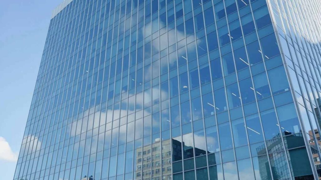 The image shows the exterior of a modern commercial building, featuring a uniform tinted appearance across all its glass windows, which reflect the blue sky. This commercial window tinting enhances energy efficiency while providing UV protection and reducing glare for the building's occupants.