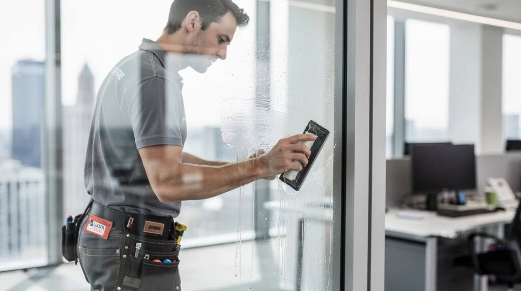 A professional window film installer is using a squeegee to apply window privacy film on a large office window pane, ensuring a smooth finish while enhancing the space's privacy and reducing glare from the sun's harmful UV rays. The installer is focused on creating a reflective effect that will provide daytime privacy and heat control for the office environment.