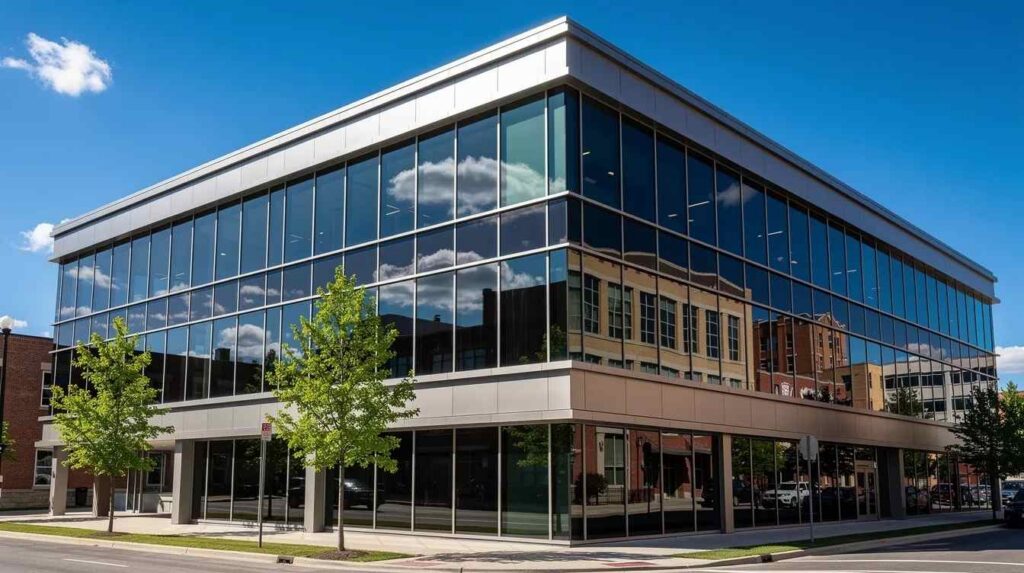 The image depicts the exterior of a commercial building featuring tinted window film that reflects sunlight on a bright summer day, under a clear blue sky. This window film helps to block harmful UV rays and reduce heat, enhancing energy efficiency and comfort inside the building.