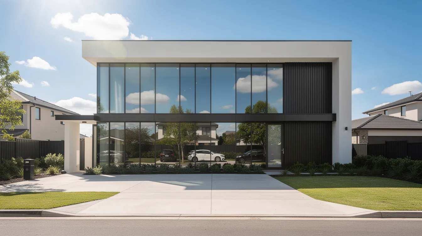 A modern residential home features large street-facing windows adorned with reflective one way window film, providing daytime privacy while allowing natural light to illuminate the interior. The film effectively reduces glare and blocks harmful UV rays, creating a comfortable living space on a sunny afternoon.