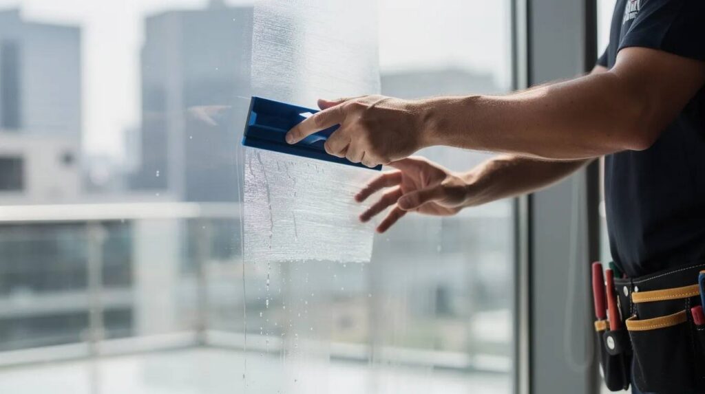 A technician is applying window film to a large commercial office window using a squeegee tool, ensuring a smooth finish that enhances energy efficiency and provides UV protection. This professional installation aims to block harmful UV rays while allowing natural light to flow into the interior space.