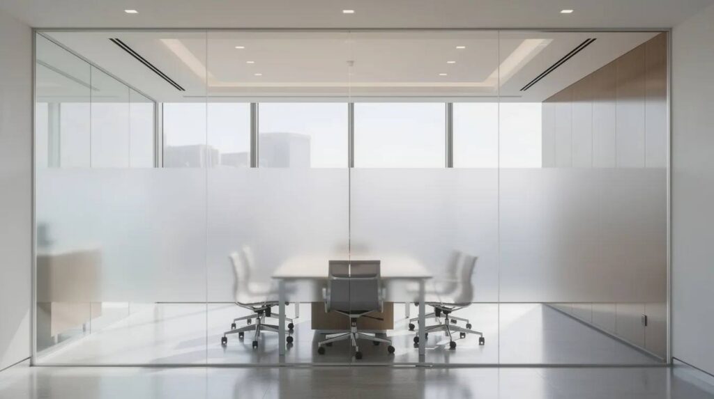 The image depicts a modern conference room featuring floor-to-ceiling glass walls, with frosted privacy film applied to the lower half to enhance privacy while allowing natural daylight to illuminate the space from the clear upper portion. This design not only offers a sleek appearance but also contributes to energy savings and protection against glare and UV rays.