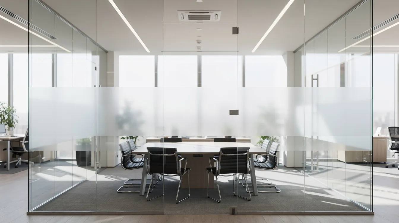 The image depicts a modern glass-walled conference room in a corporate office, featuring horizontal frosted window film bands across the middle of the glass panels, which enhance privacy while allowing natural light to fill the space. This design not only adds aesthetic value but also helps in energy savings by reducing glare and heat.