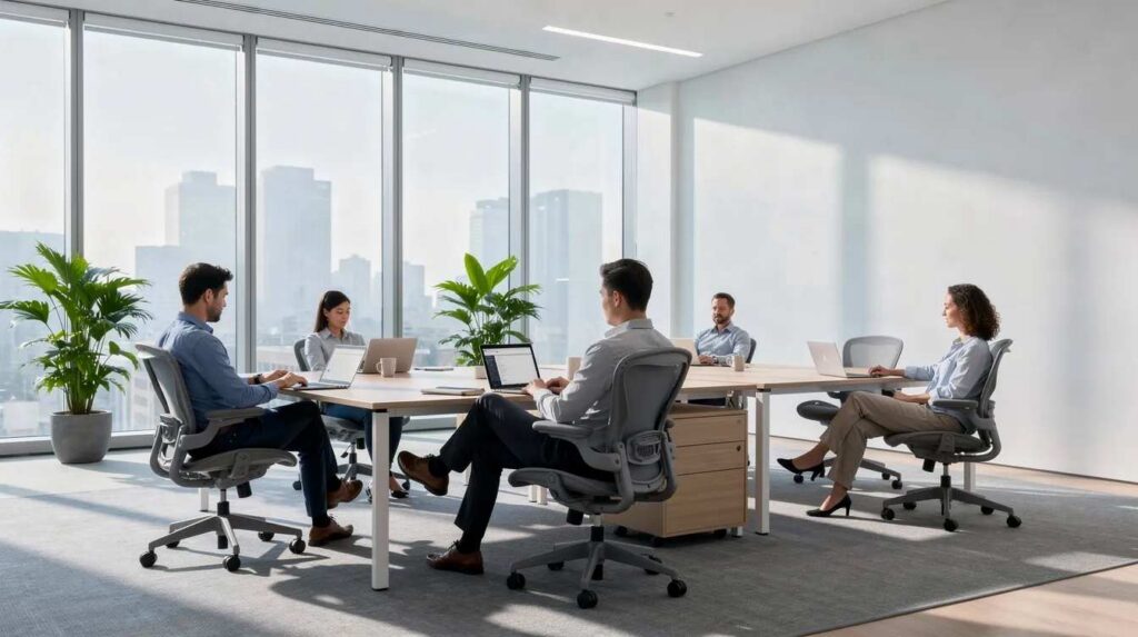 An office scene features workers sitting comfortably at their desks, illuminated by bright daylight streaming through floor-to-ceiling tinted windows. The window film not only enhances the aesthetic of the commercial building but also provides energy savings by reducing heat and glare while allowing natural light to fill the space.